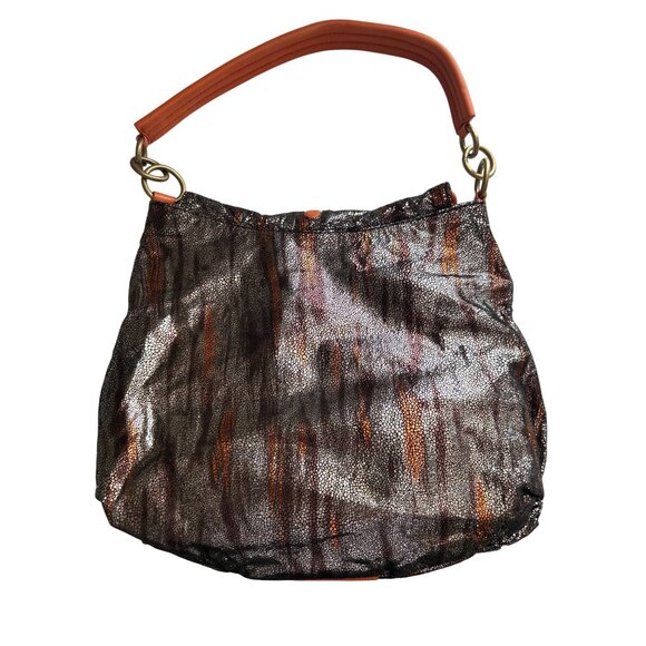 Malini Murjani Exotic Collection Leather Trim Metallic Orange Black Shoulder Bag - Picture 5 of 12